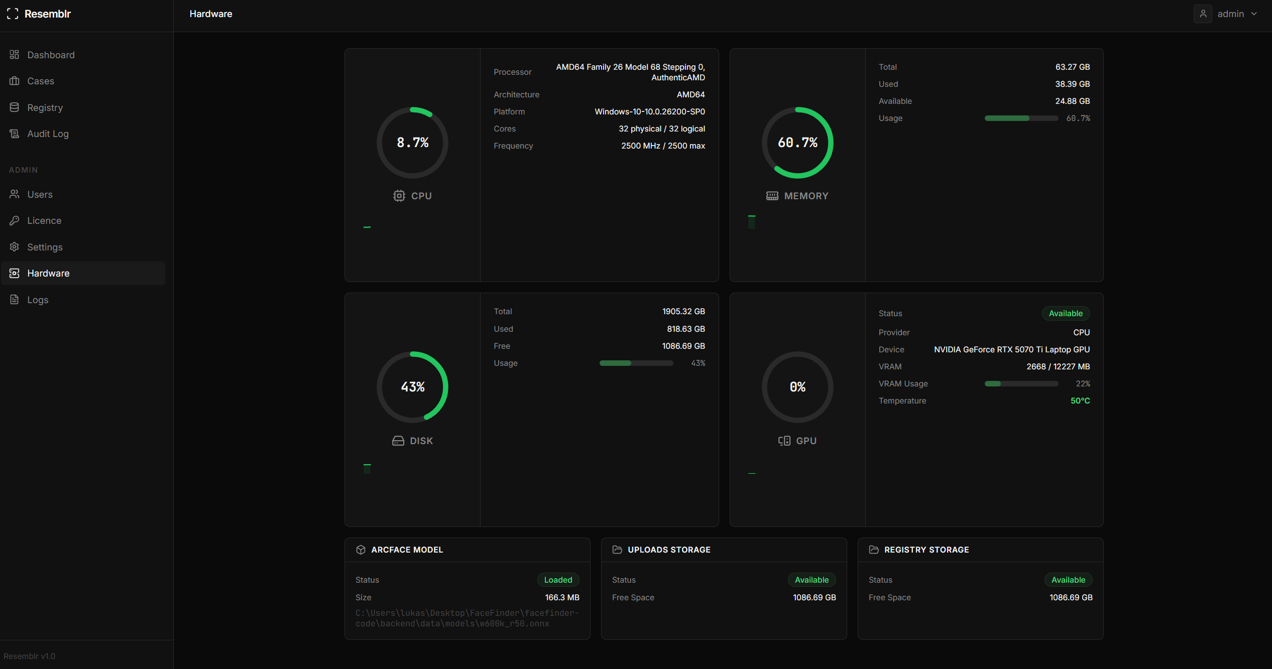 Resemblr hardware monitor displaying system resource usage